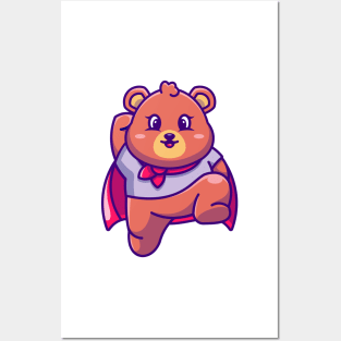 Cute super hero bear jumping cartoon Posters and Art